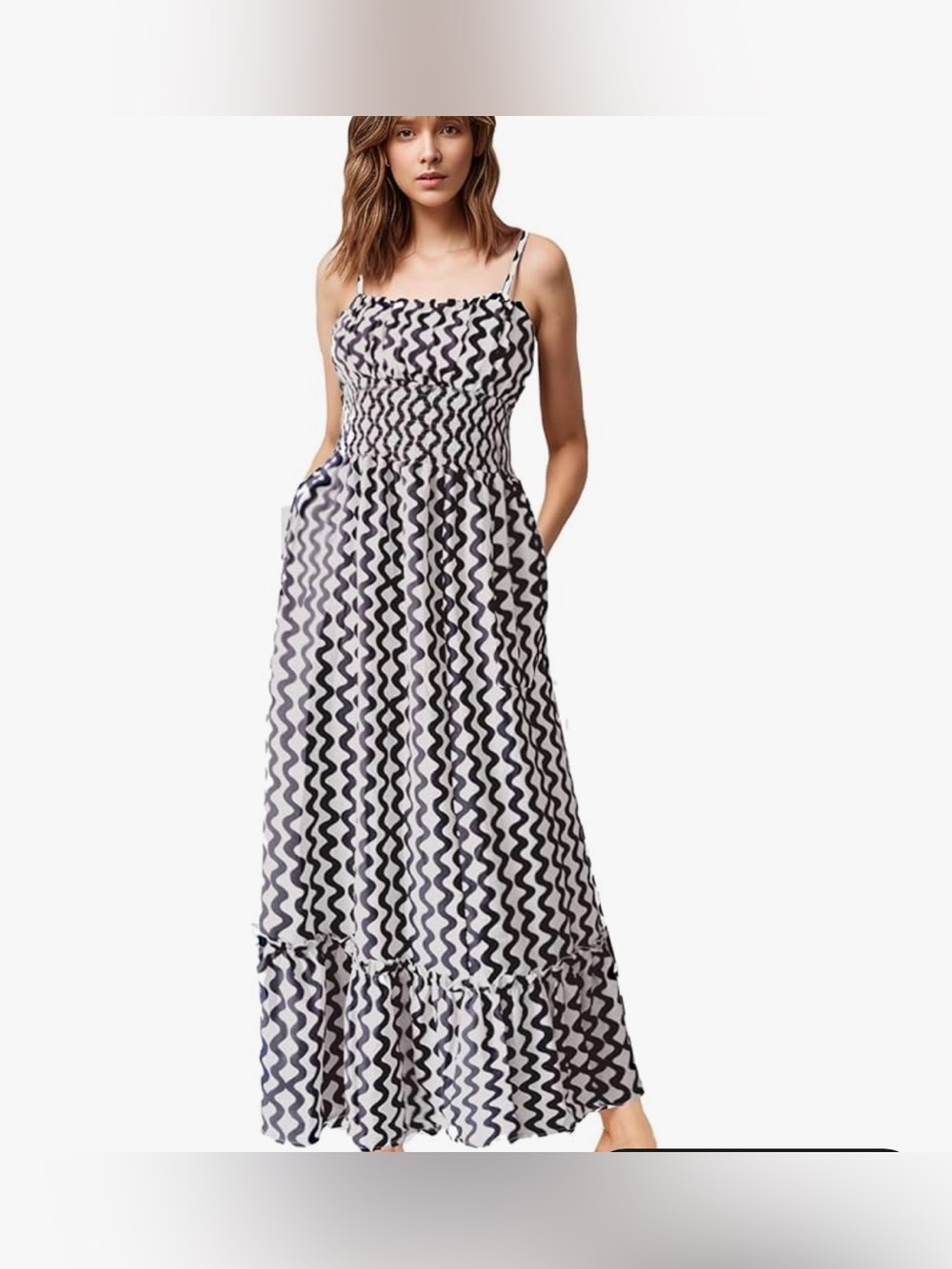 Wavy Print Smocked Maxi Dress in Black & Cream. NWOT